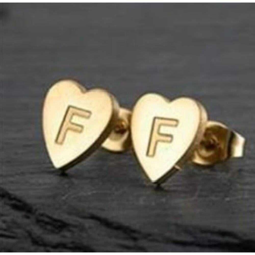 Letter F initial gold heart mini stud earrings
